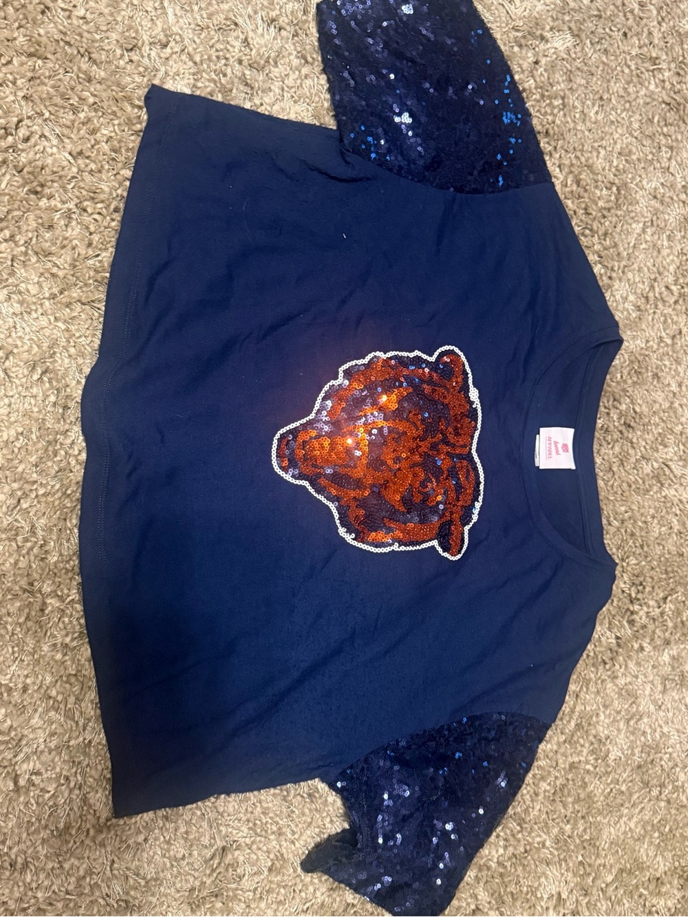 🩷Teens Navy Sequin Sleeve Top with Orange Sequin Tiger Applique